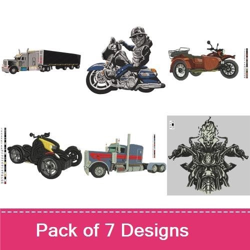 Trucks & Motorcycles Embroidery Designs Bundle – Red Truck, Blue Truck, Motorcycle & More (7 Designs)