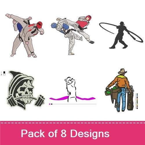 Sports and Fitness Activities Embroidery Designs Bundle – Martial Arts Duel, Hula Hooping, Weight Lifter & More (8 Designs)