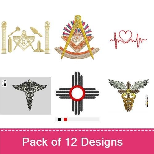 Symbolic Emblems Embroidery Designs Bundle – Masonic Compass and Square, Freemason Emblem, Caduceus Symbol & More (12 Designs)
