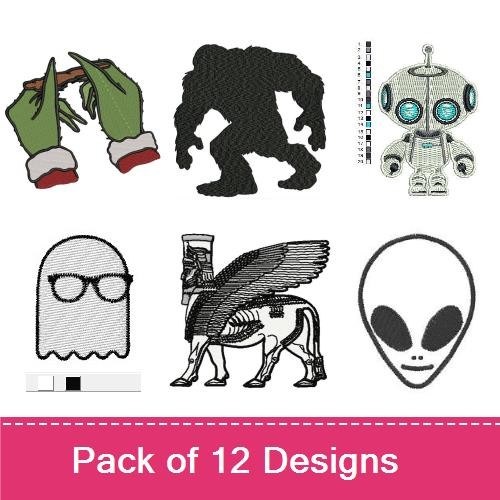 Eclectic Fun Characters Embroidery Designs Bundle – Robot, Alien, Gnome, Yeti & More (12 Designs)