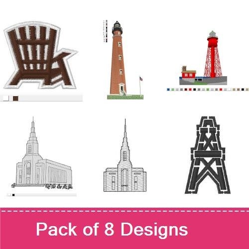 Nautical & Architectural Embroidery Designs Bundle – Lighthouse, Cathedral, Adirondack Chair & More (8 Designs)