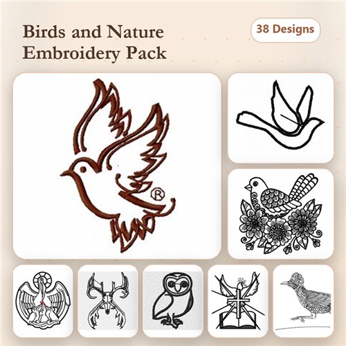 Redwork Birds and Nature Embroidery Designs Bundle – Flying Bird, Owl, Bird on Branch & More (38 Designs)