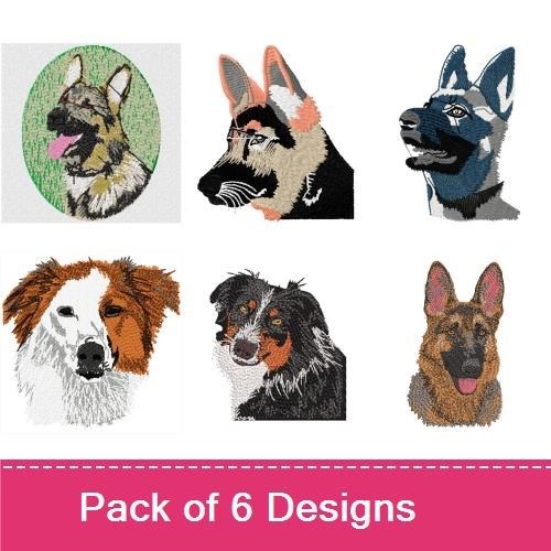German Shepherd & Australian Shepherd Embroidery Bundle – Dog Portraits (6 Designs)