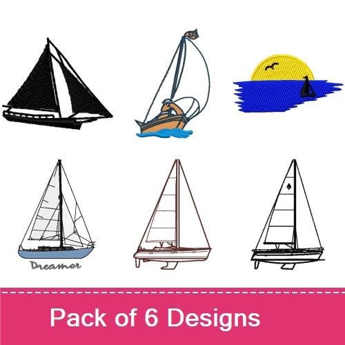 Sailboat Embroidery Designs Bundle – Sailboat with Sail, Sailing Boat, Sailboat at Sunset & More (6 Designs)