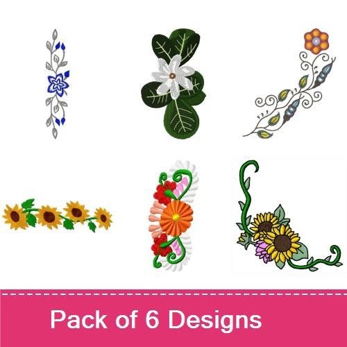Floral Elegance Embroidery Designs Bundle – Sunflower Bouquet, Vine with Flowers, Floral Stem & More (6 Designs)
