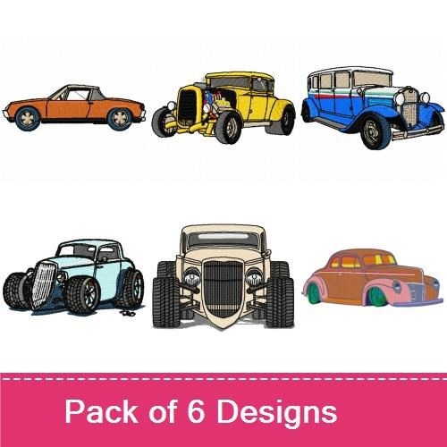 Classic Hot Rod Cars Embroidery Designs Bundle – Yellow Hot Rod, Red Convertible, Blue Classic Car & More (6 Designs)
