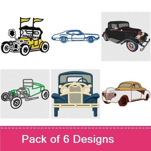 Classic Cars Embroidery Bundle – Classic Vintage Car, Race Car with Flags, Old Timer Car & More (6 Designs)