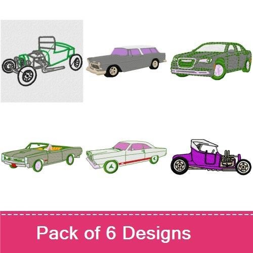 Classic Cars Embroidery Designs Bundle – Hot Rod, Convertible, Sedan & More (6 Designs)