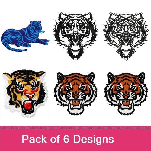 Wild Animal Embroidery Designs Bundle – Fierce Tiger Face, Blue Tiger Face, Angry Tiger Face & More (6 Designs)