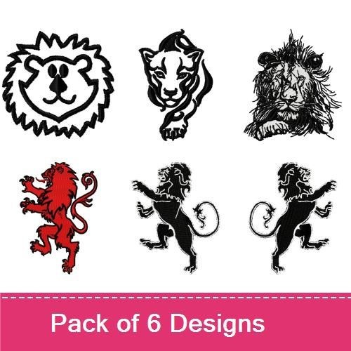 Lion & Panther Embroidery Designs Bundle – Lion Face, Roaring Lion, Panther Silhouette & More (6 Designs)