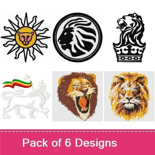 Wild Animal Embroidery Bundle – Lion Face, Crowned Lion, Sun Lion & More (6 Designs)