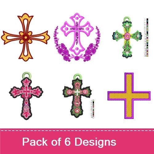Decorative Cross Embroidery Designs Bundle – Floral Cross with Pink Flowers, Simple Cross with Ornaments & More (6 Designs)
