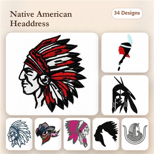 Native American Headdresses Embroidery Designs Bundle – Chief, Profile of Native American, Woman with Headdress & More (34 Designs)