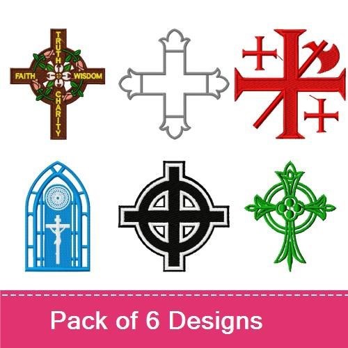 Cross Embroidery Designs Bundle – Decorative Cross with Vines, Red Cross with Symbols, Stained Glass Window Cross & More (6 Designs)