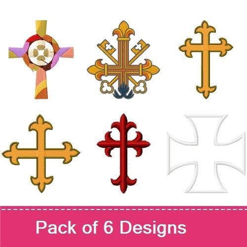 Elegant Cross Embroidery Designs Bundle – Decorative Cross with Fleur-de-Lis, Geometric Pattern Cross & More (6 Designs)