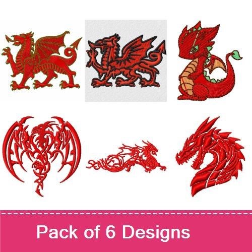 Red Dragon Embroidery Designs Bundle – Red Dragon with Wings, Celtic Red Dragon, Fire Breathing Dragon & More (6 Designs)