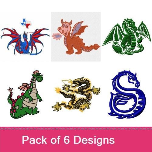 Dragon Characters Embroidery Designs Bundle – Cartoon Dragon with Wings, Cute Baby Dragon, Chinese Dragon & More (6 Designs)