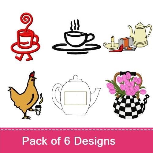 Coffee and Tea Themes Embroidery Designs Bundle – Red Coffee Cup, Tea Pot with Teacups, Teapot & More (6 Designs)