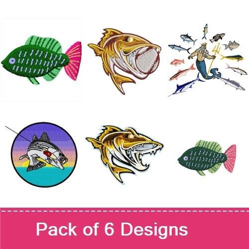Fishing & Sea Life Embroidery Designs Bundle – Fishing King, Colorful Fish, Bass Fish & More (6 Designs)