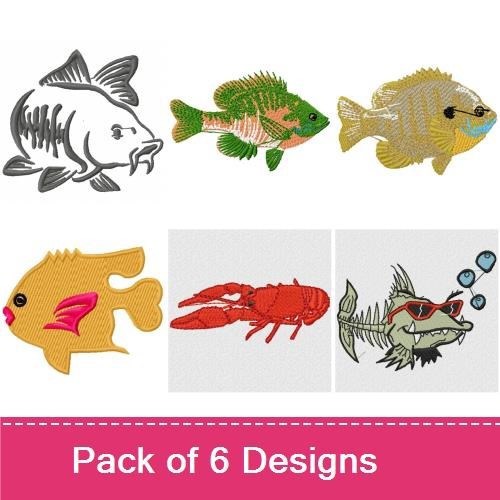 Fish & Sea Creatures Embroidery Designs Bundle – Bass Fish, Goldfish, Red Lobster & More (6 Designs)