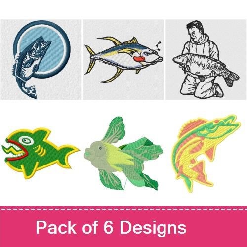 Fishing Embroidery Designs Bundle – Jumping Fish, Angler with Fish, Goldfish & More (6 Designs)