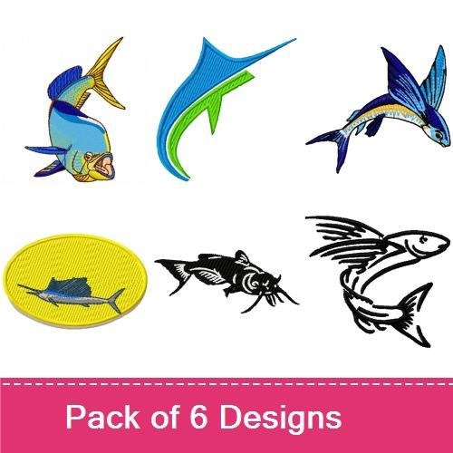 Colorful Fish Embroidery Designs Bundle – Mahi Mahi, Shark, Fish Silhouette & More (6 Designs)
