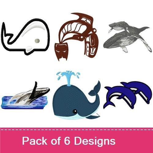 Whale and Ocean Life Embroidery Designs Bundle – Humpback Whale, Dolphins, Orca & More (6 Designs)