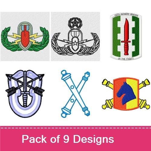 Military Insignia Embroidery Bundle – Military Shield, Logo, Crest, Crossed Swords & More (9 Designs)