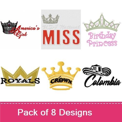 Crown & Pageant Titles Embroidery Designs Bundle – America's Girl, Miss, Birthday Princess & More (8 Designs)