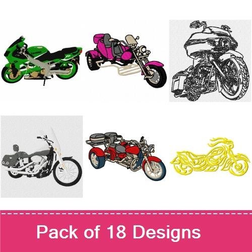 Motorcycle Embroidery Designs Bundle – Green Motorcycle, Pink Motorcycle, Cruiser Motorcycle & More (18 Designs)