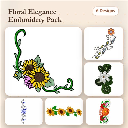 Floral Elegance Embroidery Designs Bundle – Sunflower Bouquet, Vine with Flowers, Floral Stem & More (6 Designs)