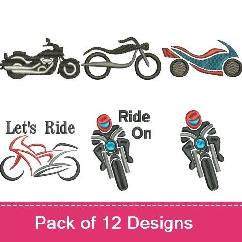 Motorcycle Themed Embroidery Designs Bundle – Motorcycle Outline, Lady Rider, Ride With Care & More (12 Designs)