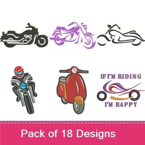 Motorcycle & Rider Embroidery Designs Bundle – Classic Motorcycle, Sport Bike, Chopper & More (18 Designs)