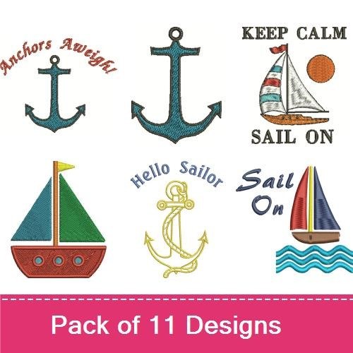 Nautical Embroidery Designs Bundle – Anchor, Sailboat, Keep Calm Sail On & More (9 Designs)