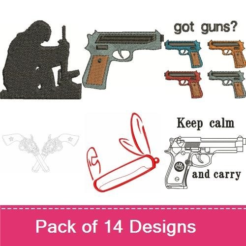 Tactical and Weaponry Embroidery Designs Bundle – Handgun, Crossbow, Military Silhouette & More (14 Designs)