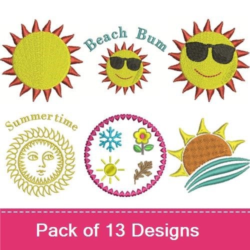 Summer Themed Embroidery Designs Bundle – Sun with Sunglasses, Beach Bum, Gardening Chick & More (13 Designs)