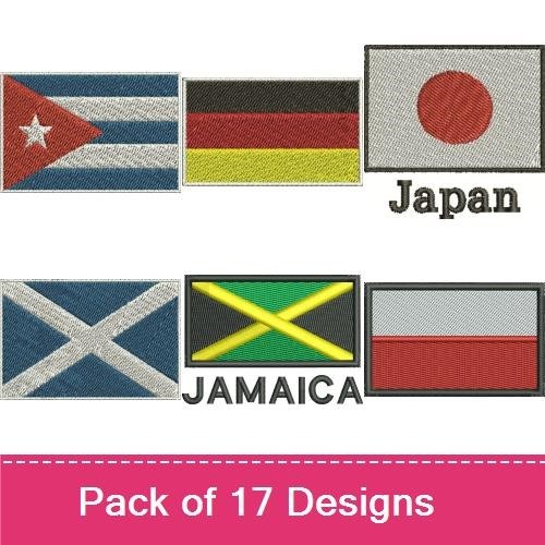 International Flags Embroidery Designs Bundle – Scotland, Ireland, Canada, Cuba & More (17 Designs)