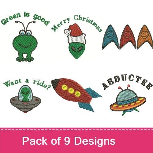 Aliens & Space Embroidery Bundle – Alien Abduction, Rocket Ship, Merry Christmas Santa Hat & More (9 Designs)