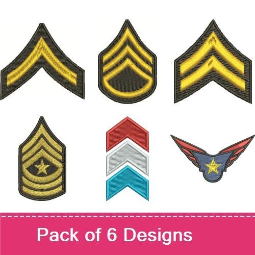 Military Chevron Badges Embroidery Bundle – Chevron Badge with Yellow Stripes, Sergeant Chevron, Decorative Chevron with Star & More (6 Designs)
