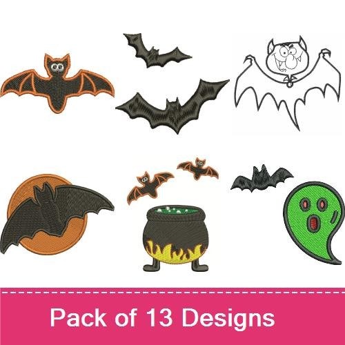 Halloween Bats & Ghosts Embroidery Designs Bundle – Bat with Spread Wings, Ghost with Big Eyes, Owl with Hat & More (13 Designs)