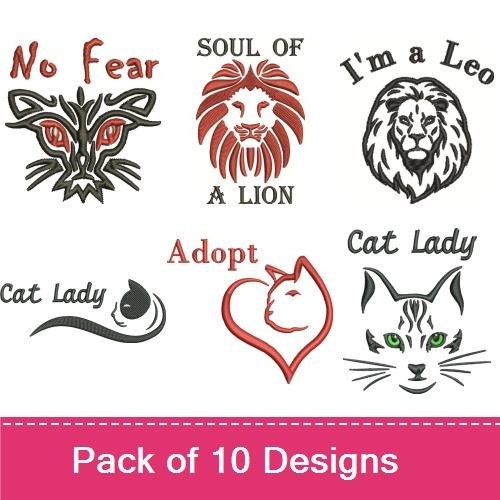 Cats & Tigers Embroidery Designs Bundle – I Love Cats, Eye of the Tiger, Cat Lady & More (8 Designs)