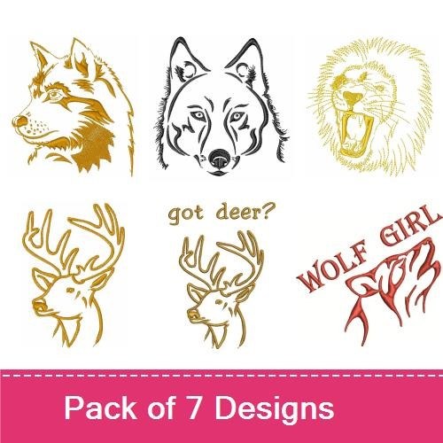 Wolf & Deer Embroidery Bundle – Animal Heads & Text (7 Designs)