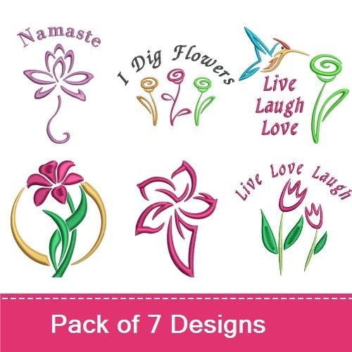 Floral Embroidery Designs Bundle – Namaste, I Dig Flowers, Live Laugh Love & More (7 Designs)