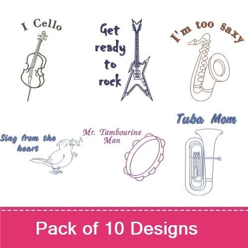 Music Quotes & Instruments Embroidery Designs Bundle – Music is Life, Get Ready to Rock, Cello & More (9 Designs)