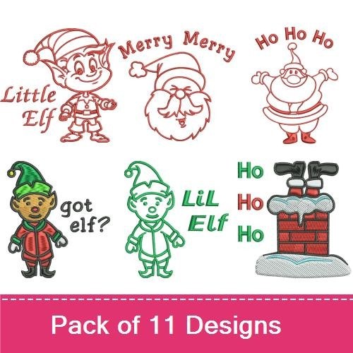 Redwork Christmas Embroidery Designs Bundle – Reindeer with Santa, Little Elf, Santa Claus & More (10 Designs)