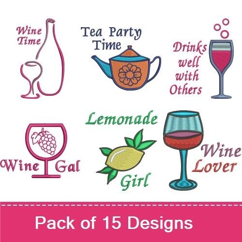 Tea & Wine Embroidery Designs Bundle – Coffee Cup, Teapot, Martini Glass & More (15 Designs)