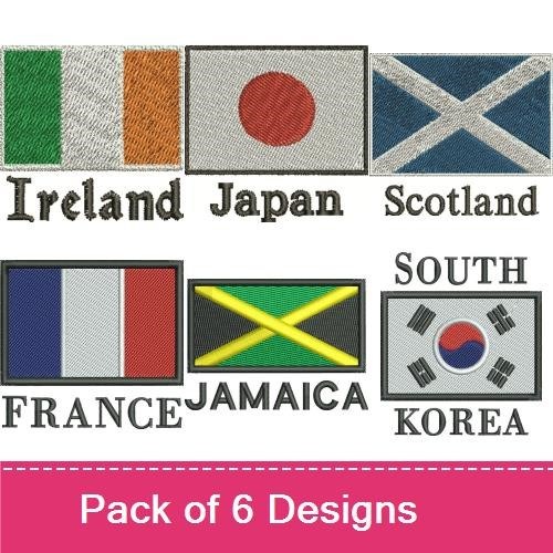 International Flags Embroidery Designs Bundle – Ireland, Japan, Scotland, France & More (6 Designs)