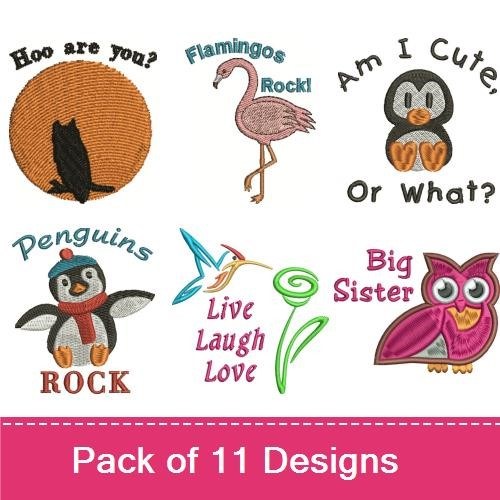 Birds & Sentiments Embroidery Designs Bundle – Penguins Rock, Am I Cute, Or What?, Best Mom & More (10 Designs)