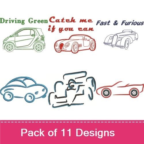 Redwork Classic and Sporty Cars Embroidery Designs Bundle – Red Sports Car, Classic Car Outline, & More (11 Designs)