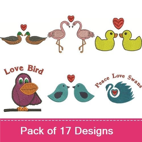 Love Birds Embroidery Designs Bundle – Swan with Heart, Ducks with Heart, Flamingos with Hearts & More (16 Designs)